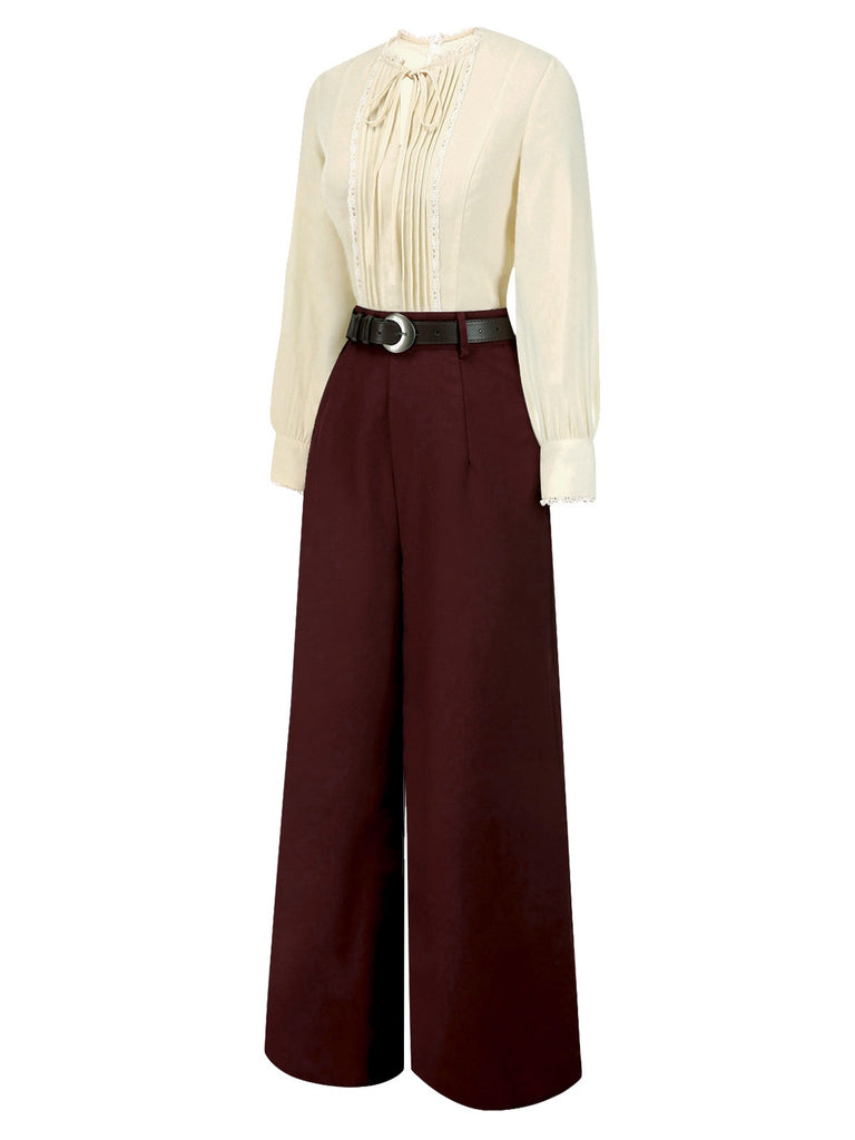 [Pre-Sale] Apricot & Red 1940s Tucked Lace Belted Jumpsuit