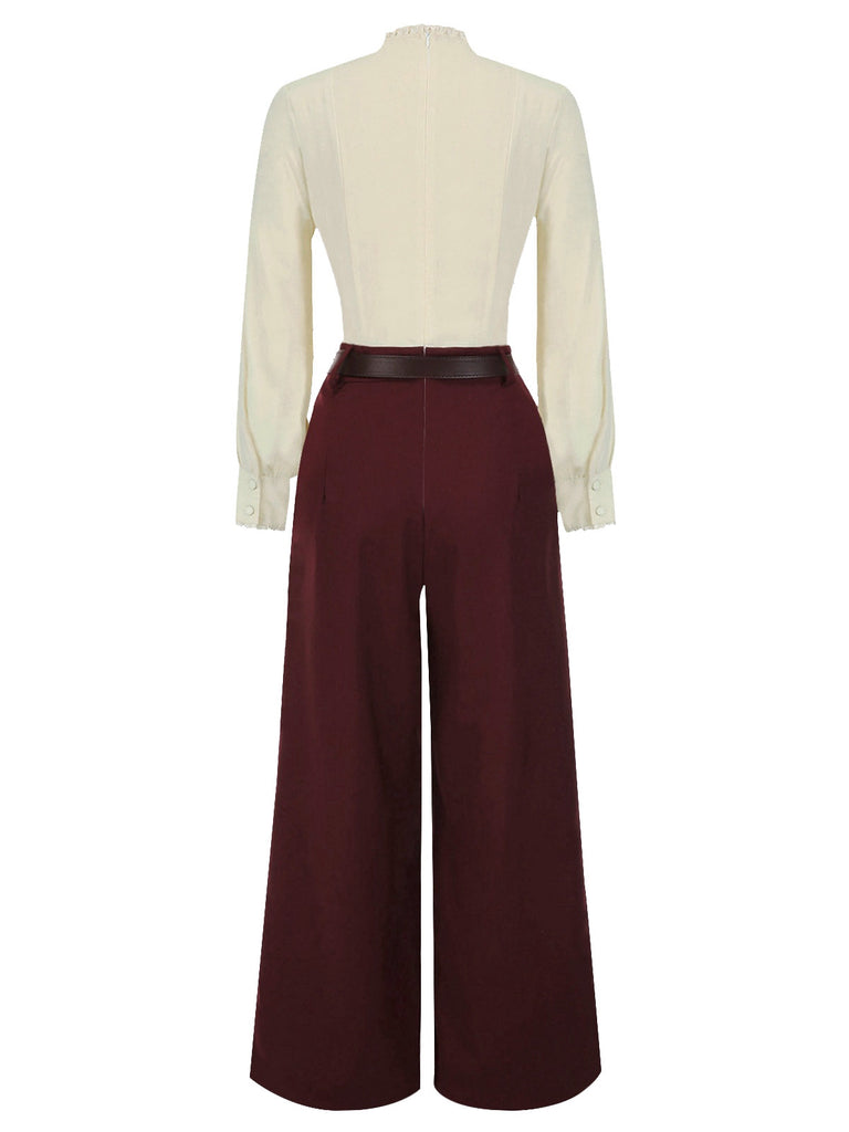 [Pre-Sale] Apricot & Red 1940s Tucked Lace Belted Jumpsuit