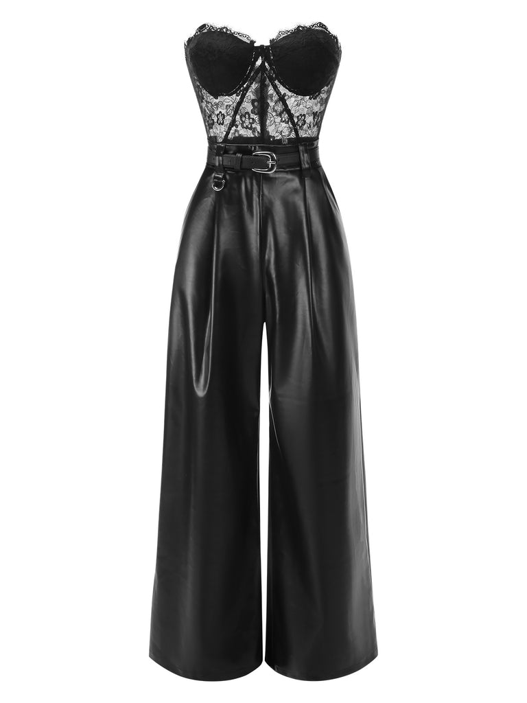 [Pre-Sale] Black 1930s Lace Leather Bandeau Jumpsuit