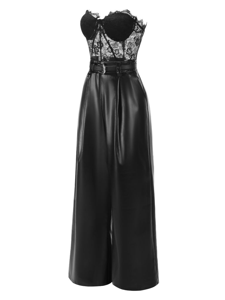 [Pre-Sale] Black 1930s Lace Leather Bandeau Jumpsuit