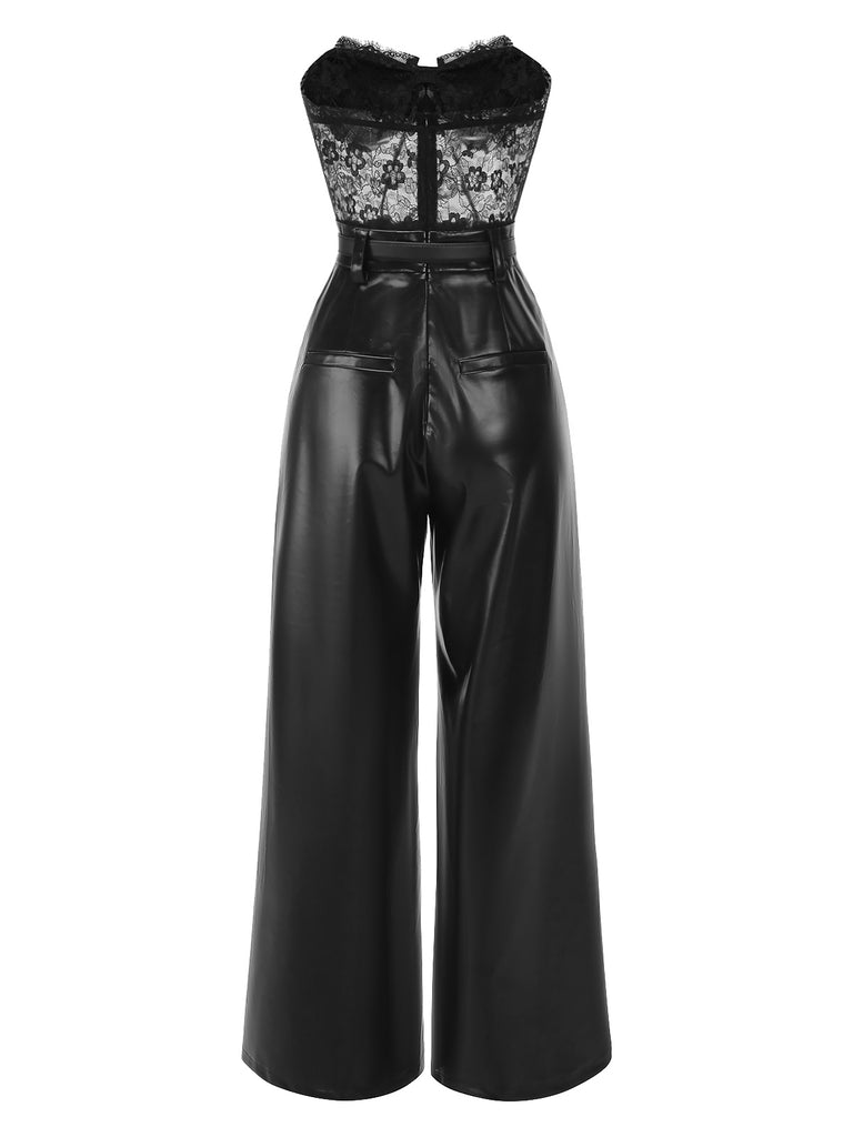 [Pre-Sale] Black 1930s Lace Leather Bandeau Jumpsuit