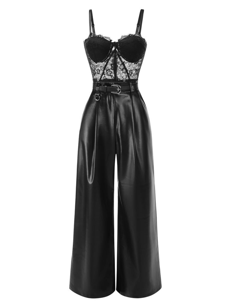 [Pre-Sale] Black 1930s Lace Leather Bandeau Jumpsuit