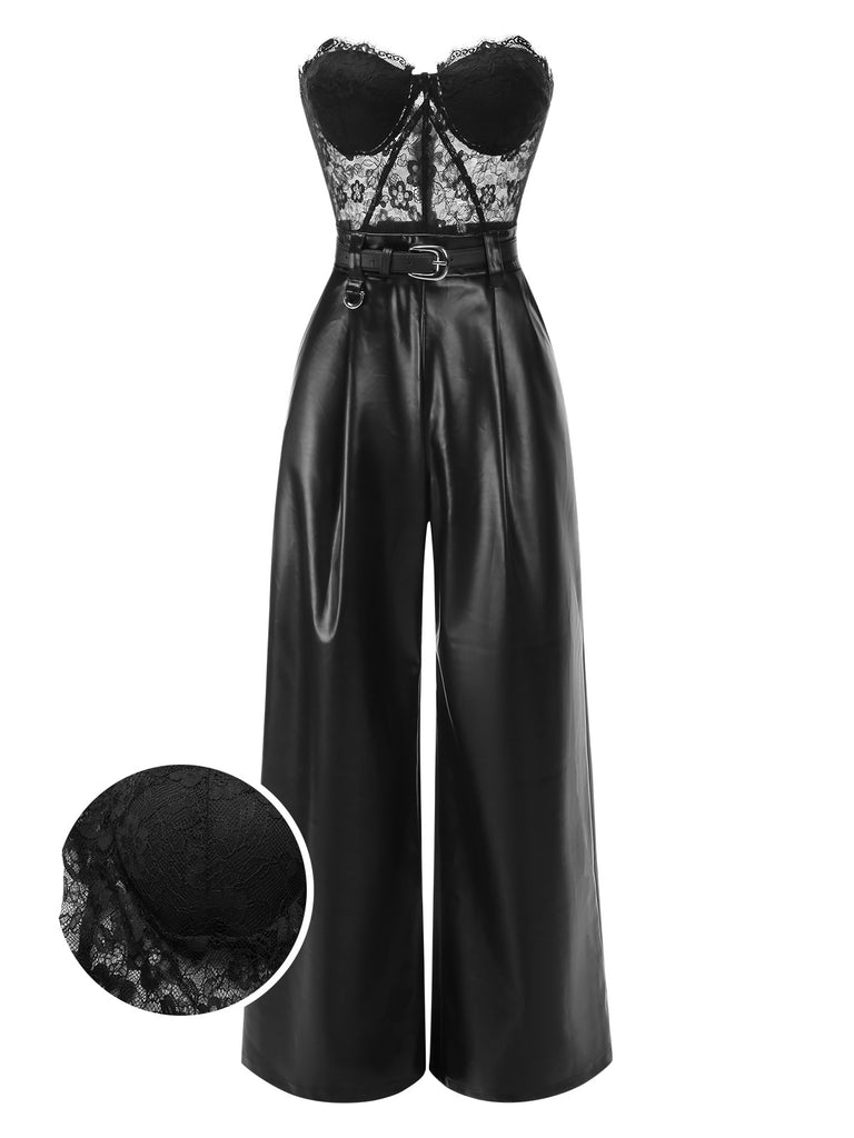 [Pre-Sale] Black 1930s Lace Leather Bandeau Jumpsuit