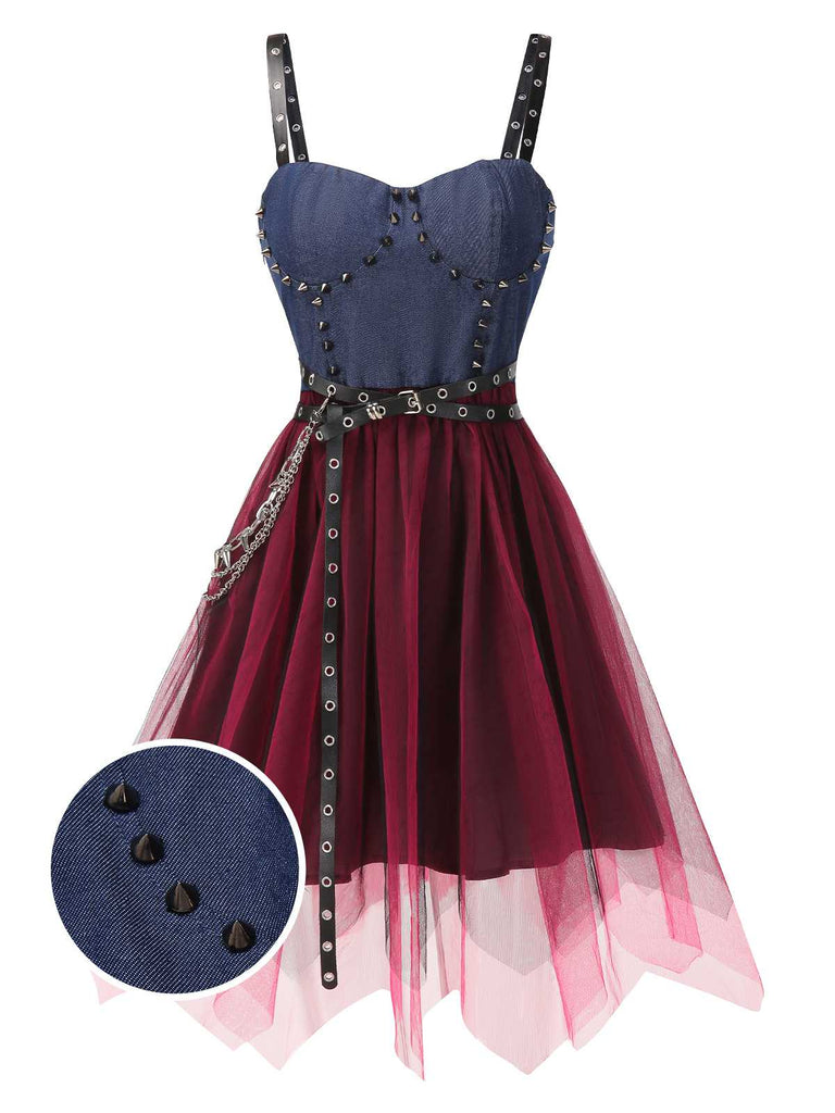 [Pre-Sale] 1980s Punk Studded Tulle Denim Belted Dress