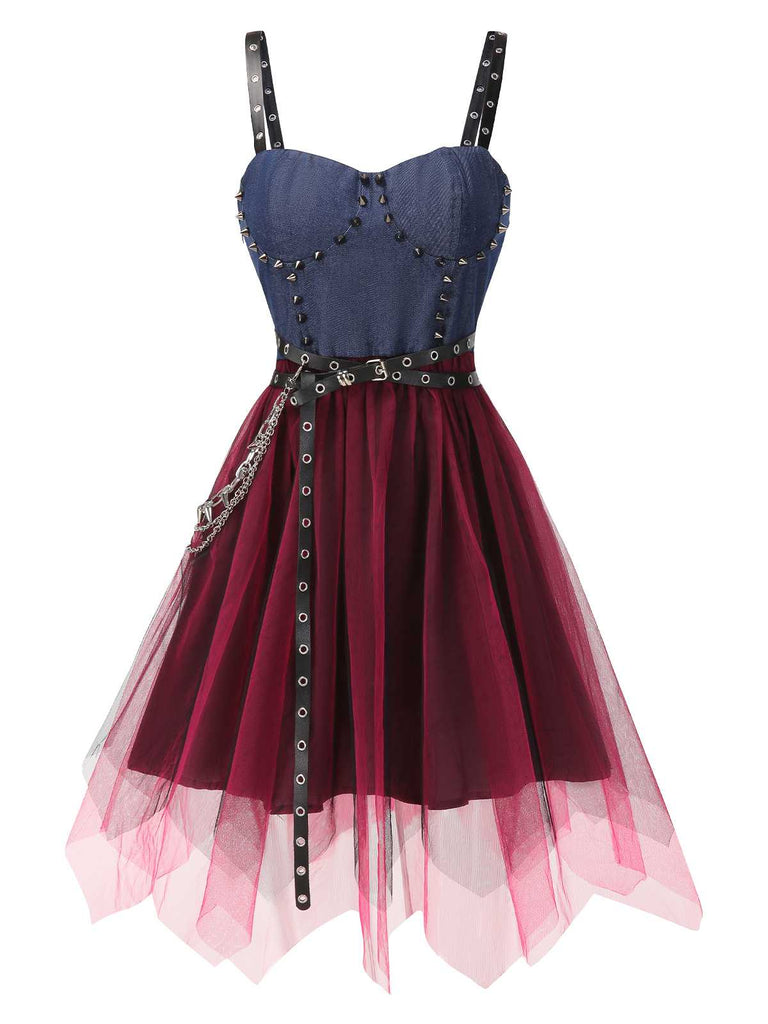 [Pre-Sale] 1980s Punk Studded Tulle Denim Belted Dress