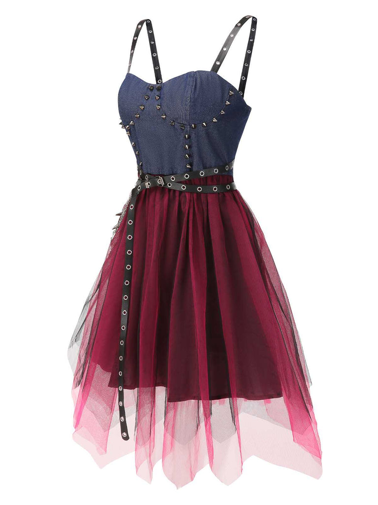 [Pre-Sale] 1980s Punk Studded Tulle Denim Belted Dress