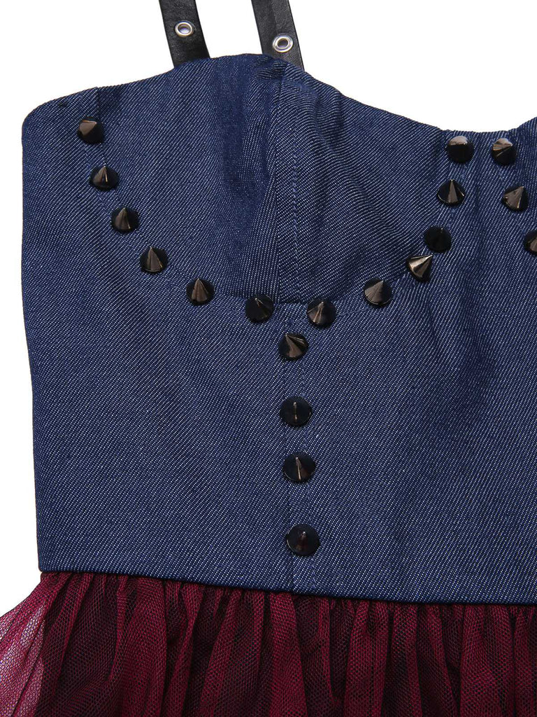 [Pre-Sale] 1980s Punk Studded Tulle Denim Belted Dress