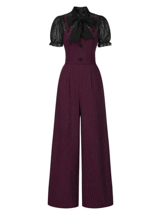 [Pre-Sale] Black 1930s Mesh Patchwork Vertical Stripe Jumpsuit
