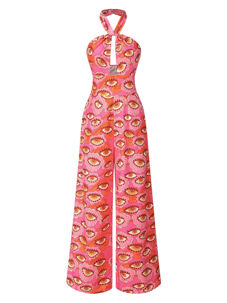 [Pre-Sale] Pink 1960s Halter Cutout Psychedelic Eye Jumpsuit