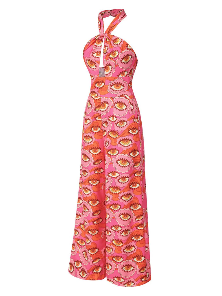 [Pre-Sale] Pink 1960s Halter Cutout Psychedelic Eye Jumpsuit