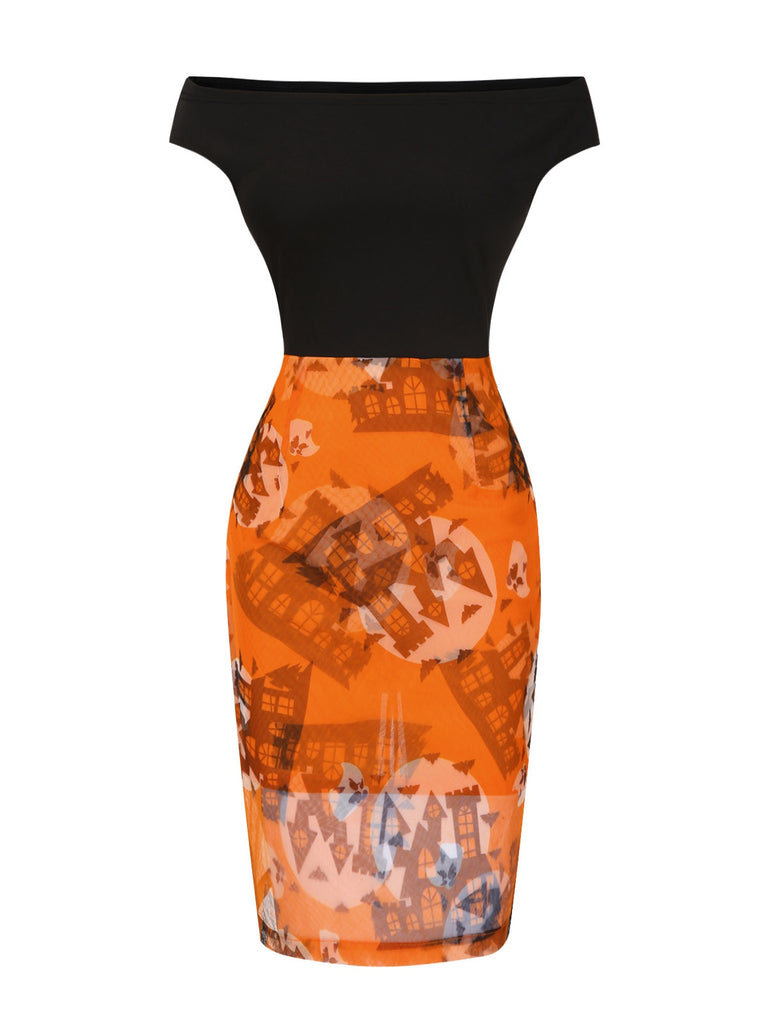 [Pre-Sale] Orange & Black 1960s Off-Shoulder Castle Bat Moon Dress