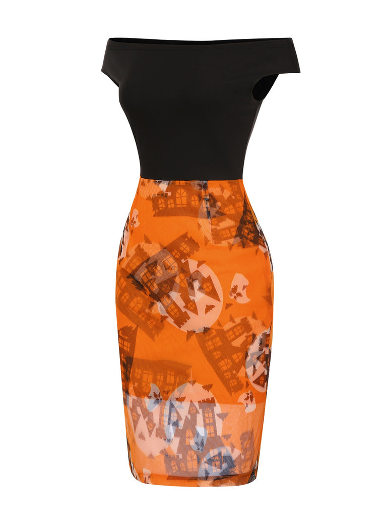 [Pre-Sale] Orange & Black 1960s Off-Shoulder Castle Bat Moon Dress