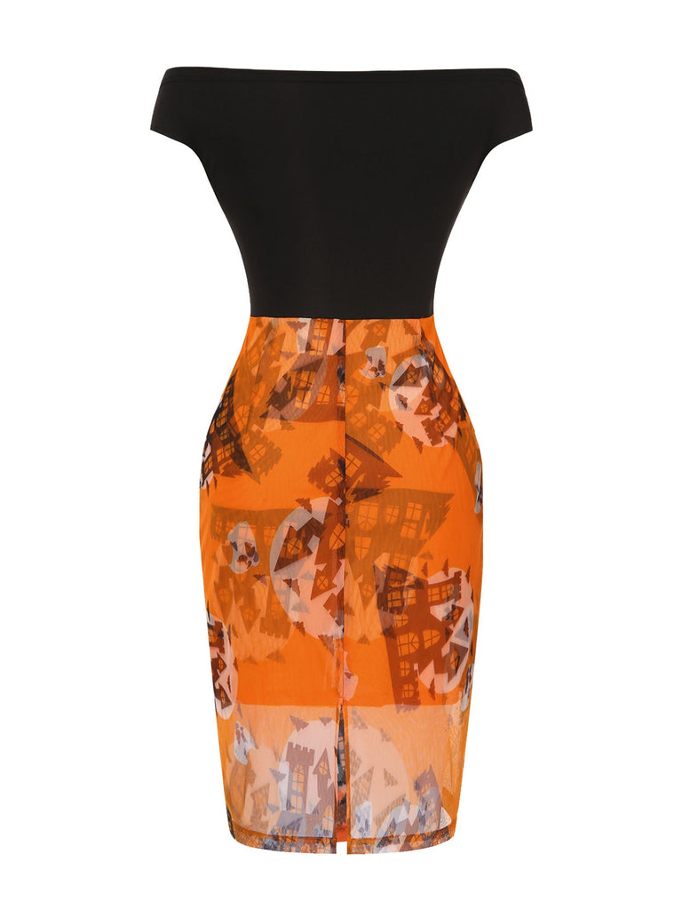 [Pre-Sale] Orange & Black 1960s Off-Shoulder Castle Bat Moon Dress