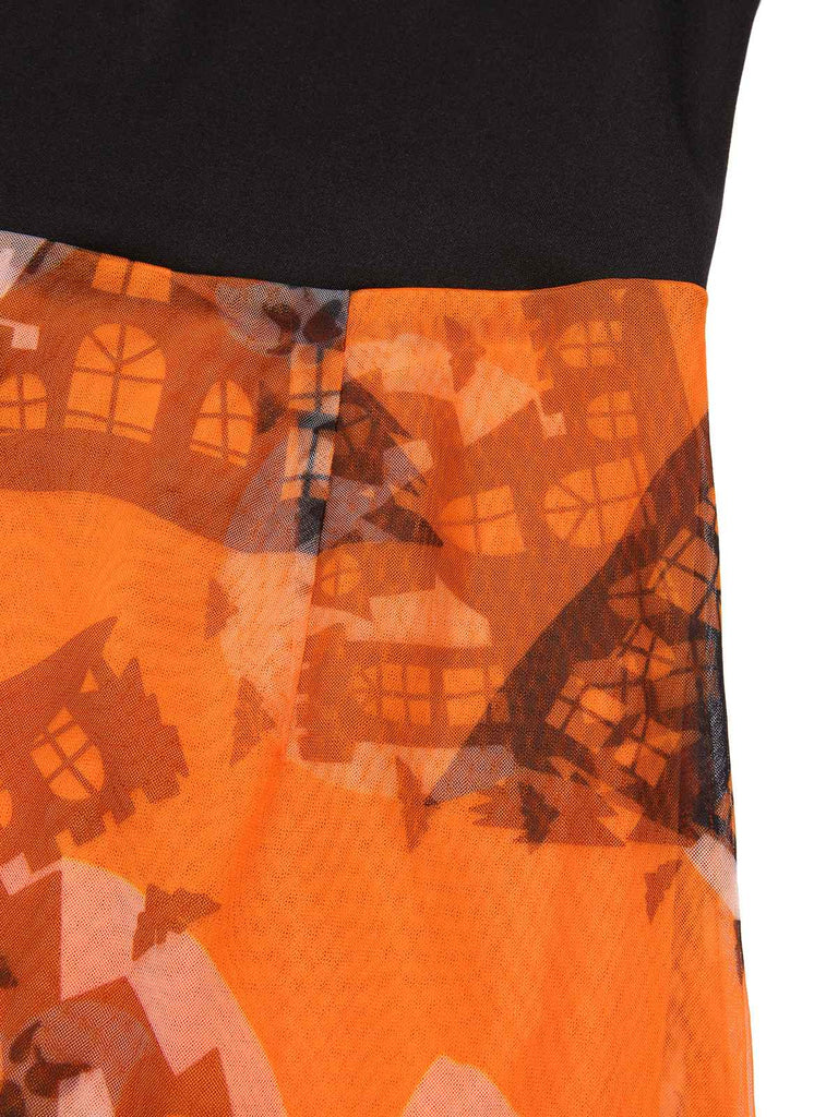 [Pre-Sale] Orange & Black 1960s Off-Shoulder Castle Bat Moon Dress