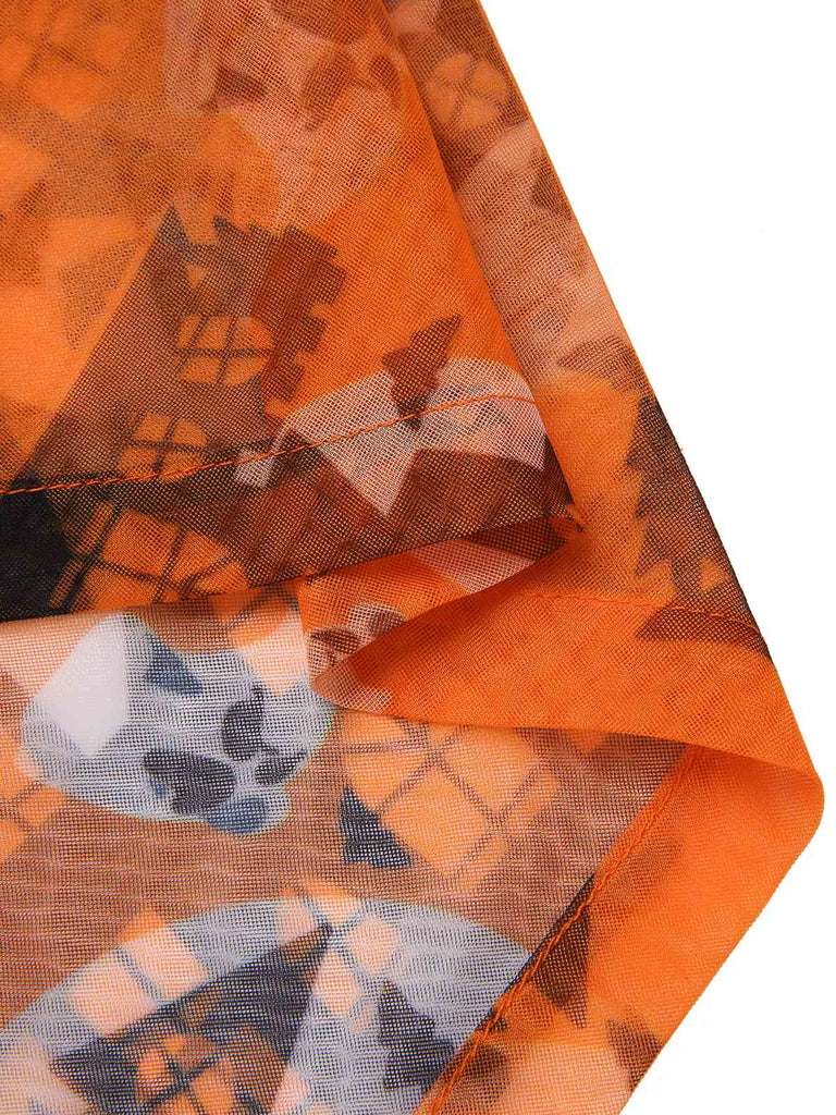 [Pre-Sale] Orange & Black 1960s Off-Shoulder Castle Bat Moon Dress