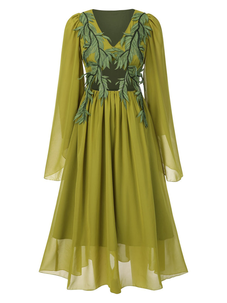 [Pre-Sale] Green Yellow 1970s Elf Fairy Embroidered Chiffon Dress