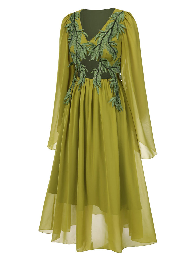 [Pre-Sale] Green Yellow 1970s Elf Fairy Embroidered Chiffon Dress