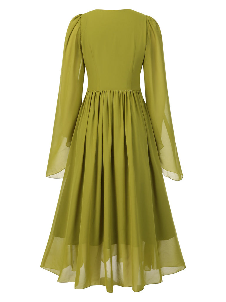 [Pre-Sale] Green Yellow 1970s Elf Fairy Embroidered Chiffon Dress