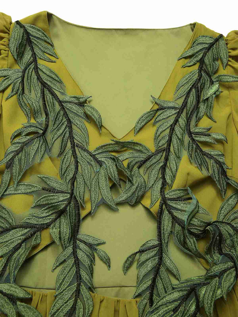 [Pre-Sale] Green Yellow 1970s Elf Fairy Embroidered Chiffon Dress