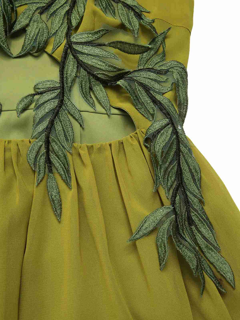 [Pre-Sale] Green Yellow 1970s Elf Fairy Embroidered Chiffon Dress