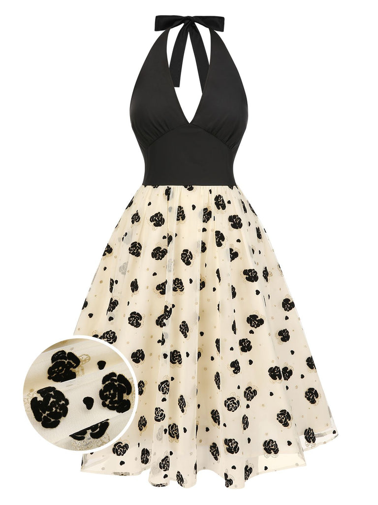 [Pre-Sale] Beige 1950s Roses Mesh Halter Dress