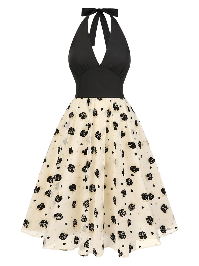 [Pre-Sale] Beige 1950s Roses Mesh Halter Dress