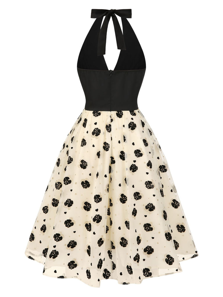 [Pre-Sale] Beige 1950s Roses Mesh Halter Dress