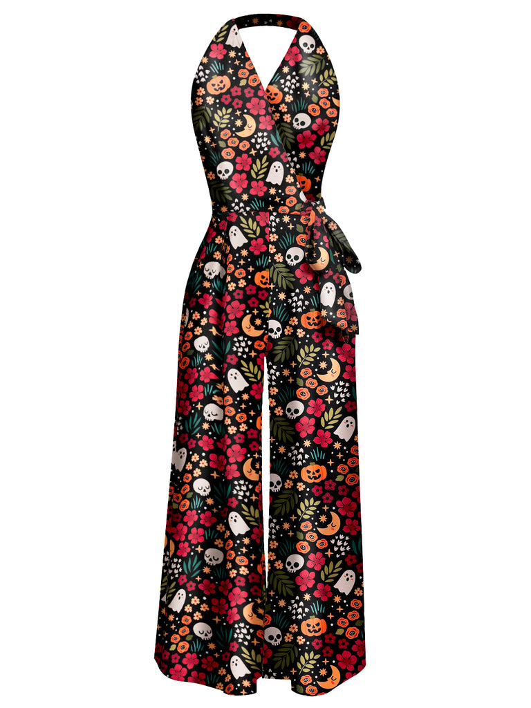 1960s Halter Colorblock Floral Sleeveless Jumpsuit