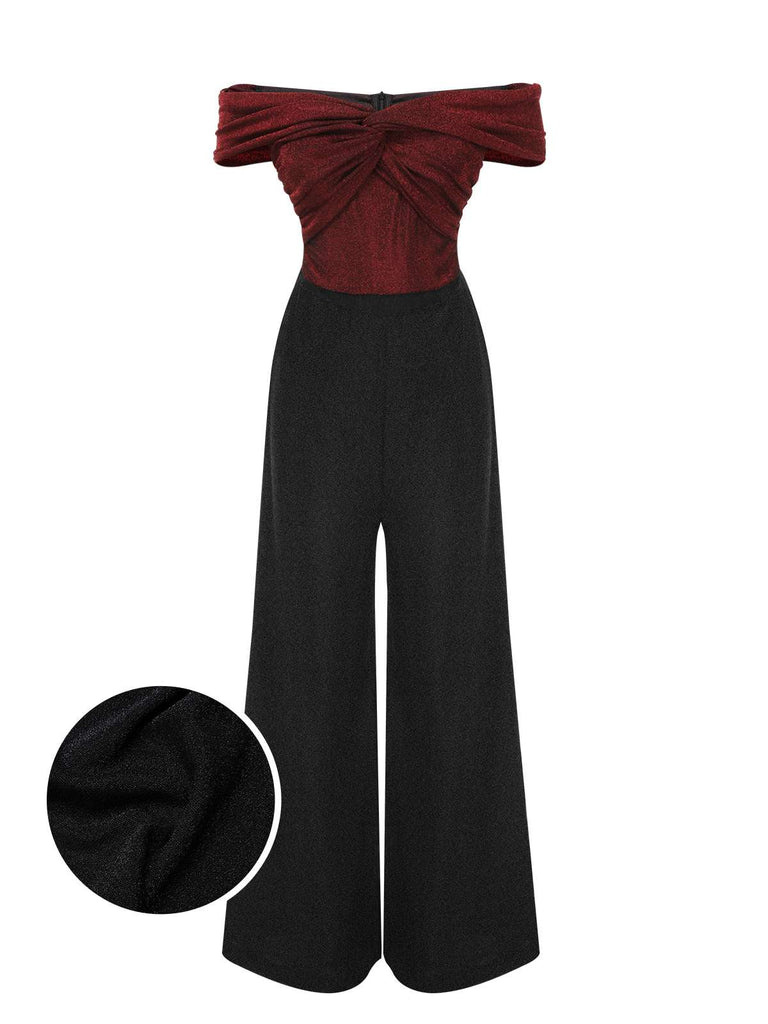 [Pre-Sale] Wine Red 1930s Off Shoulder Wide Leg Sequin Jumpsuit