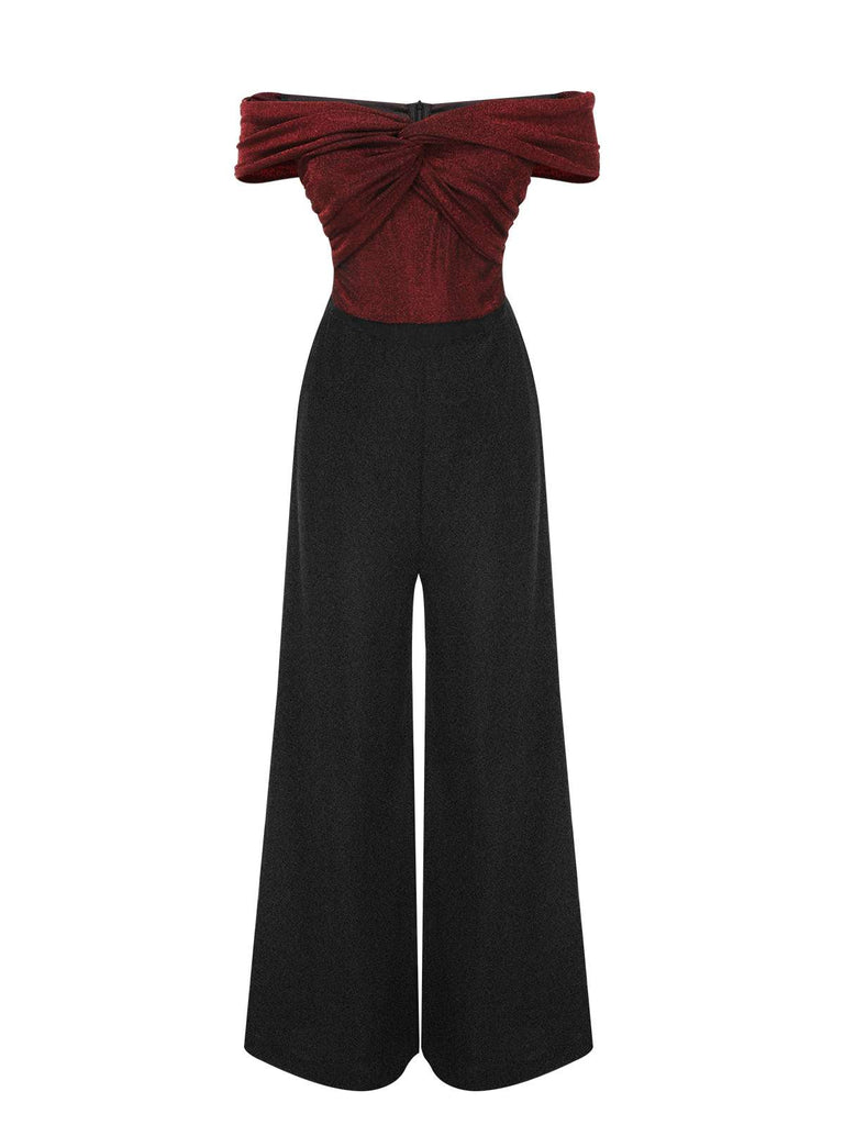[Pre-Sale] Wine Red 1930s Off Shoulder Wide Leg Sequin Jumpsuit