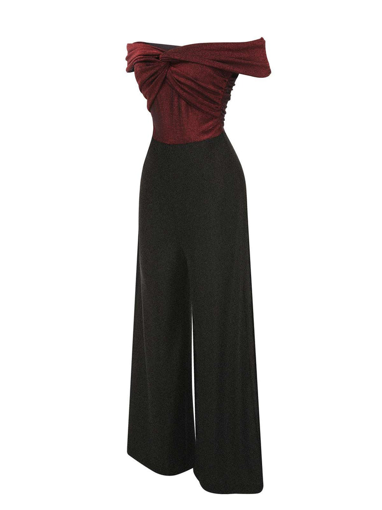 [Pre-Sale] Wine Red 1930s Off Shoulder Wide Leg Sequin Jumpsuit