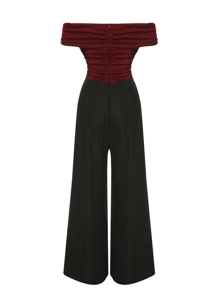 [Pre-Sale] Wine Red 1930s Off Shoulder Wide Leg Sequin Jumpsuit