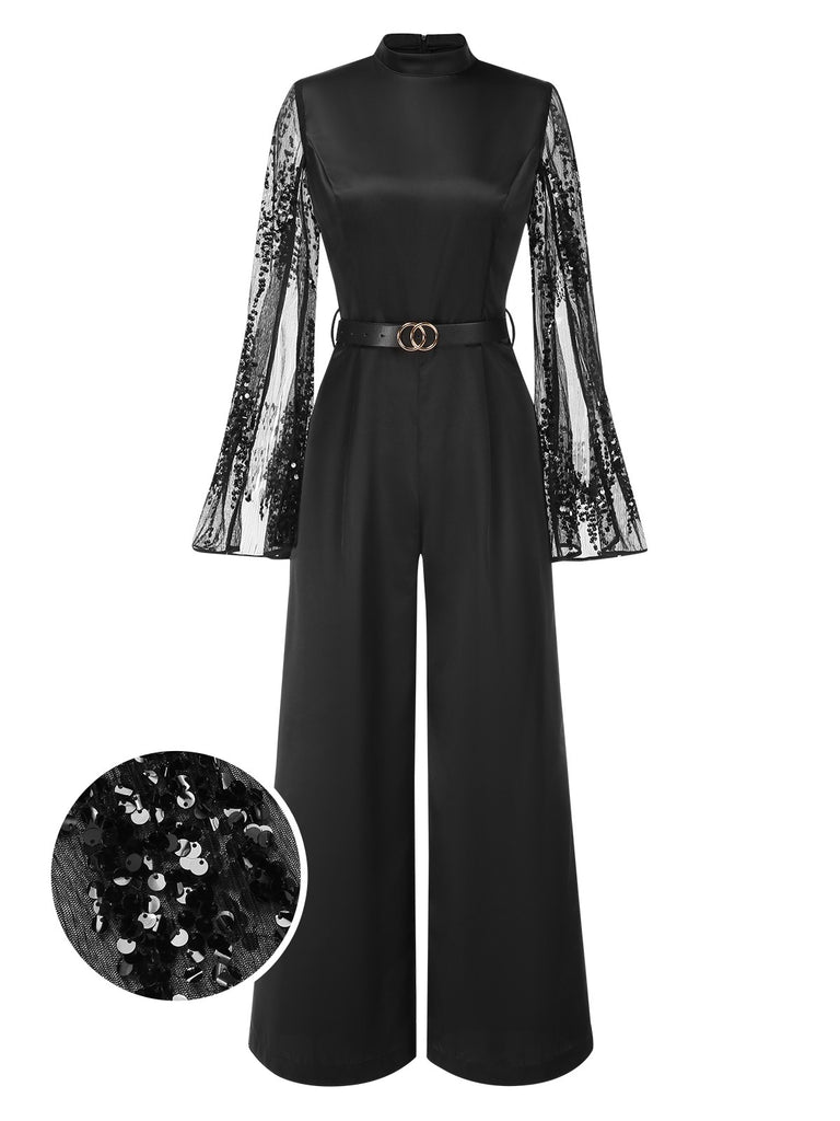 [Pre-Sale] Black 1970s Sequined Cape Sleeves Satin Mock Jumpsuit