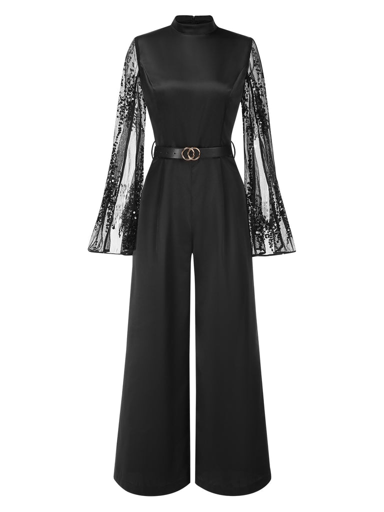 [Pre-Sale] Black 1970s Sequined Cape Sleeves Satin Mock Jumpsuit