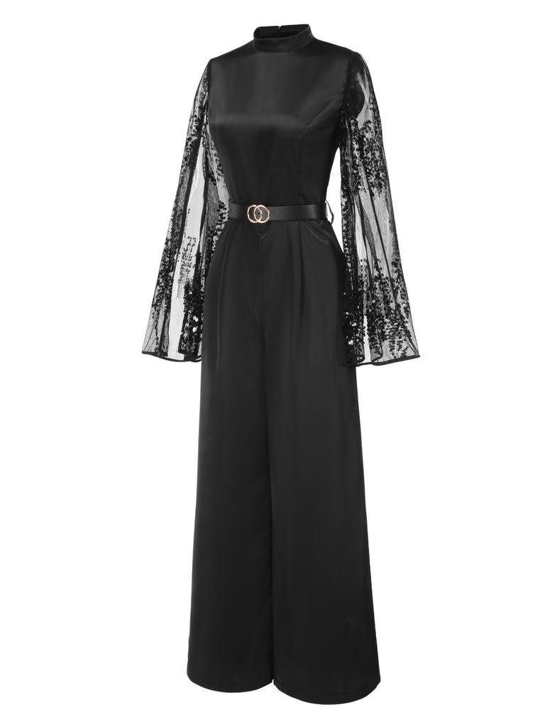 [Pre-Sale] Black 1970s Sequined Cape Sleeves Satin Mock Jumpsuit