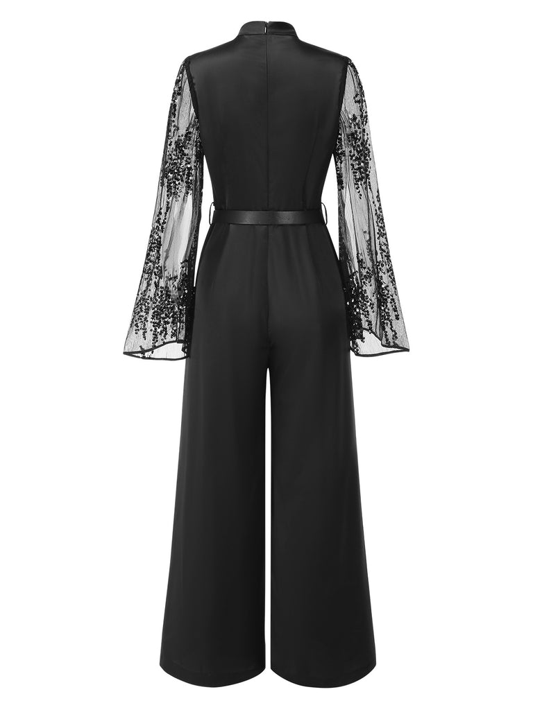 [Pre-Sale] Black 1970s Sequined Cape Sleeves Satin Mock Jumpsuit