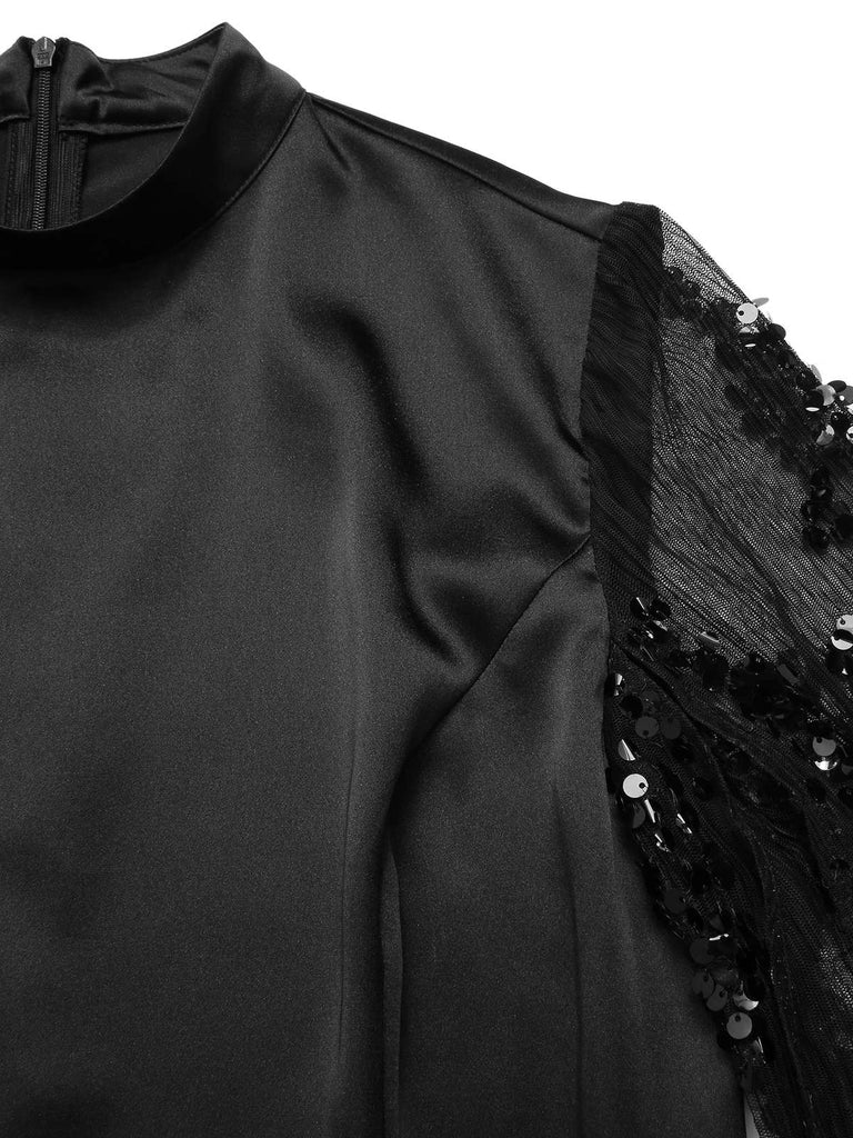[Pre-Sale] Black 1970s Sequined Cape Sleeves Satin Mock Jumpsuit
