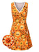 [Pre-Sale] Orange 1960s Halloween Skull Floral Print V-Neck Dress