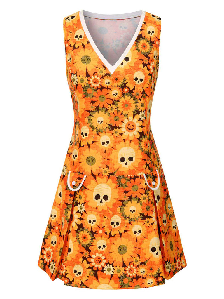 [Pre-Sale] Orange 1960s Halloween Skull Floral Print V-Neck Dress