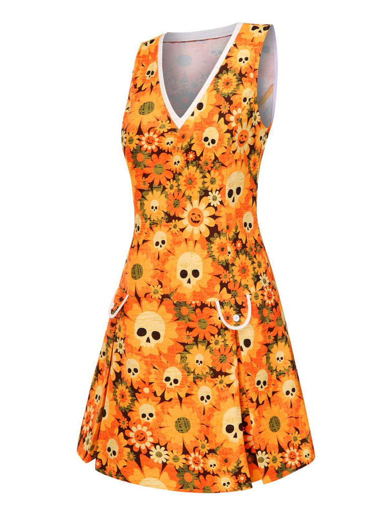 [Pre-Sale] Orange 1960s Halloween Skull Floral Print V-Neck Dress