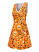 [Pre-Sale] Orange 1960s Halloween Skull Floral Print V-Neck Dress