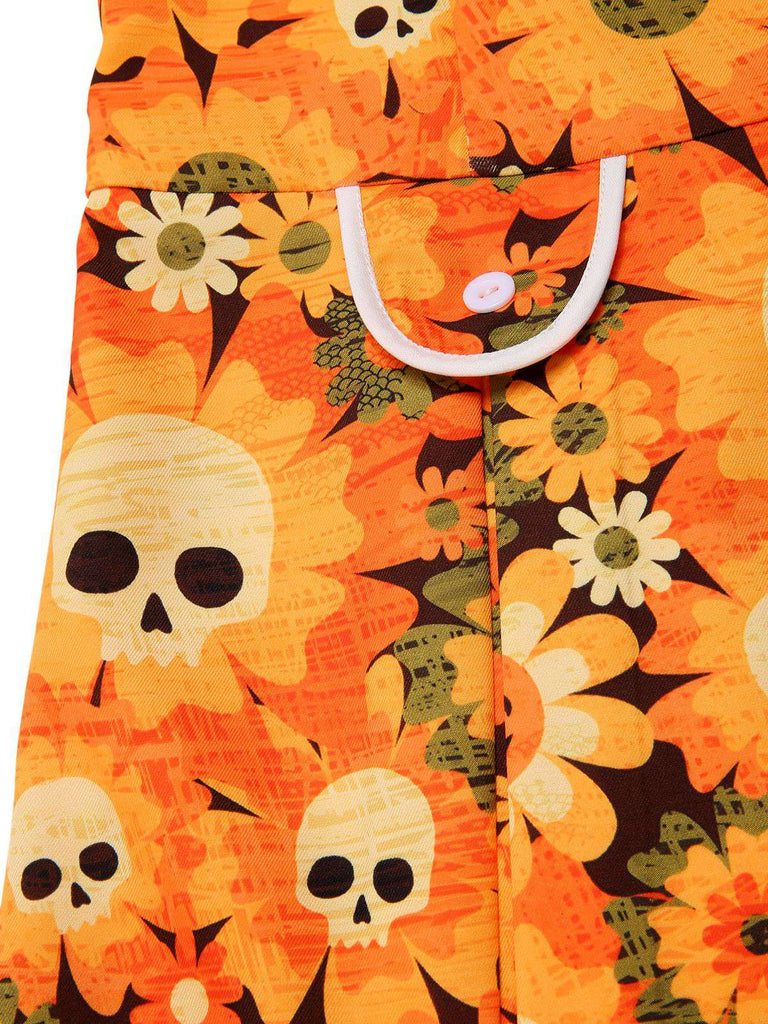 [Pre-Sale] Orange 1960s Halloween Skull Floral Print V-Neck Dress