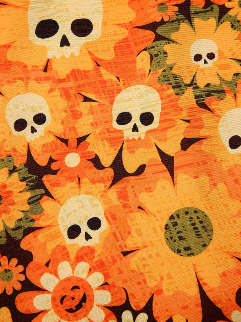 [Pre-Sale] Orange 1960s Halloween Skull Floral Print V-Neck Dress
