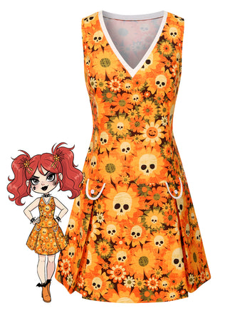 Orange 1960s Halloween Skull Floral Print V-Neck Dress