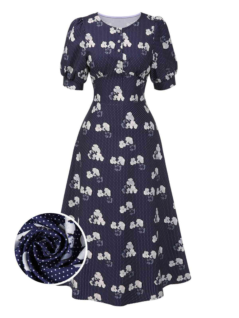 [Pre-Sale] Blue 1940s Polka Dots Floral Puff Sleeve Dress