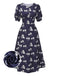 [Pre-Sale] Blue 1940s Polka Dots Floral Puff Sleeve Dress