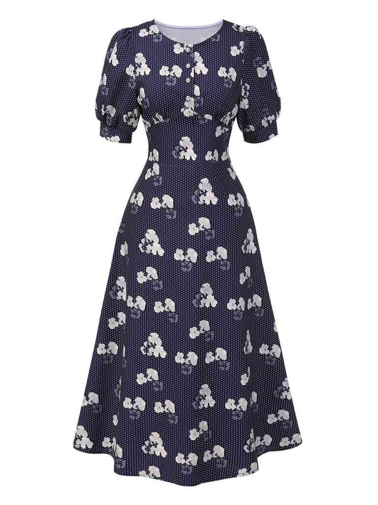 [Pre-Sale] Blue 1940s Polka Dots Floral Puff Sleeve Dress