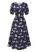 [Pre-Sale] Blue 1940s Polka Dots Floral Puff Sleeve Dress