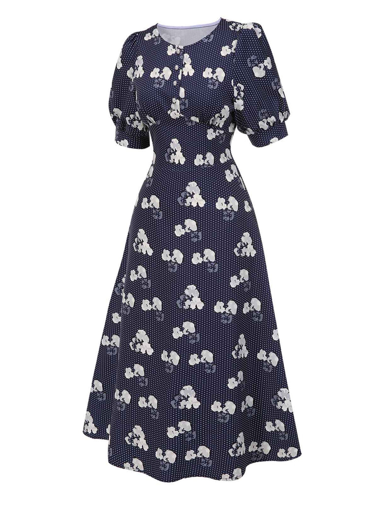 [Pre-Sale] Blue 1940s Polka Dots Floral Puff Sleeve Dress