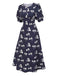 [Pre-Sale] Blue 1940s Polka Dots Floral Puff Sleeve Dress